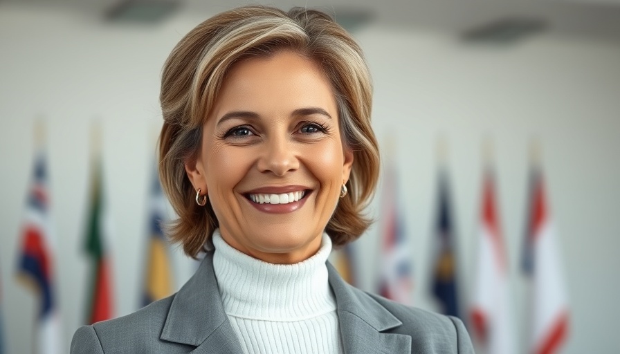 Smiling woman in a professional setting with flags in background.
