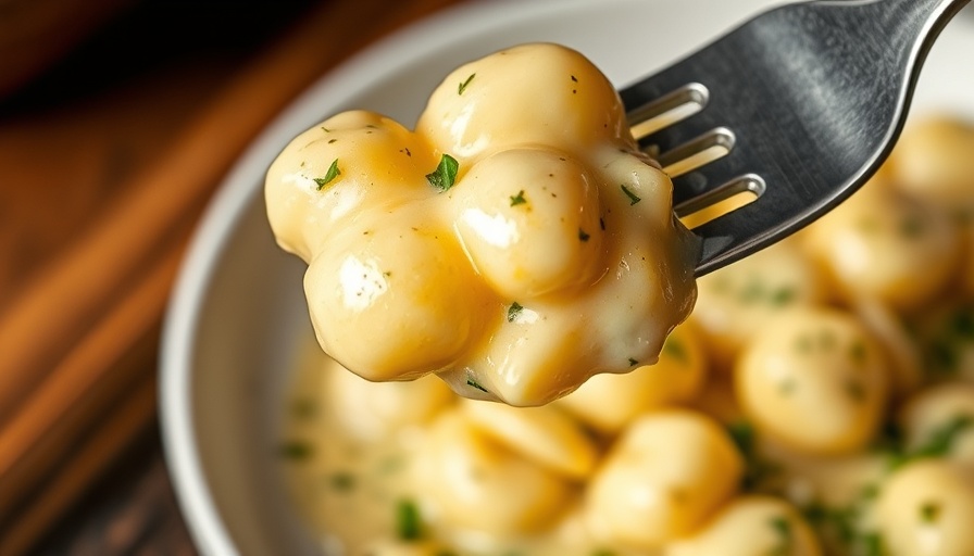Close-up of creamy lemon gnocchi on a fork.
