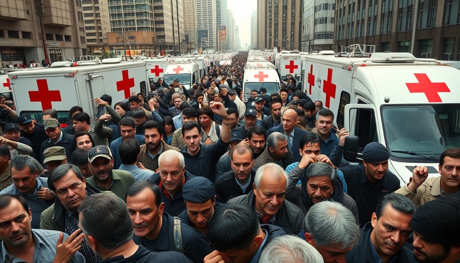 Hostage deal negotiations crowd scene with Red Cross vehicles.