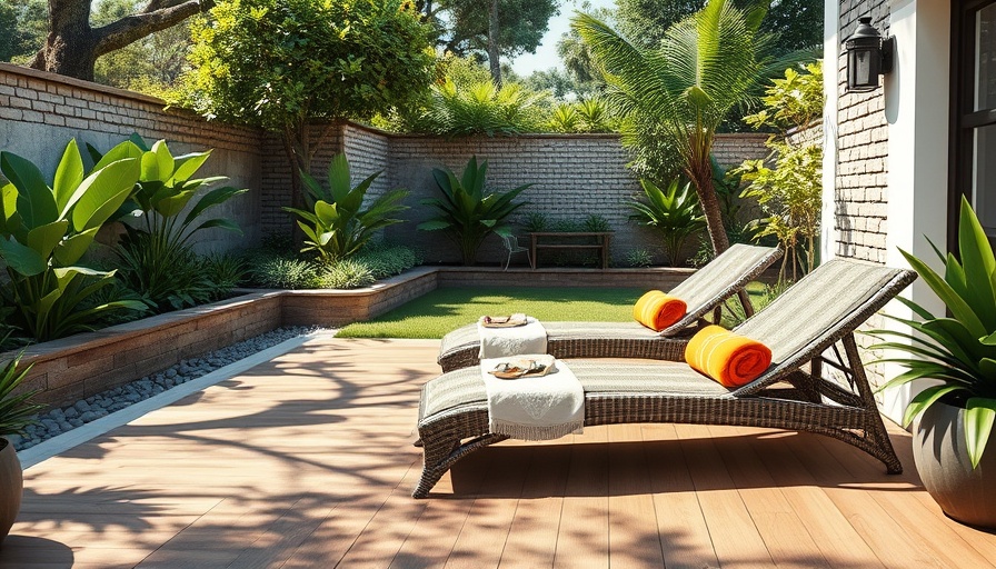 Elegant garden furniture on wooden decking, surrounded by greenery.
