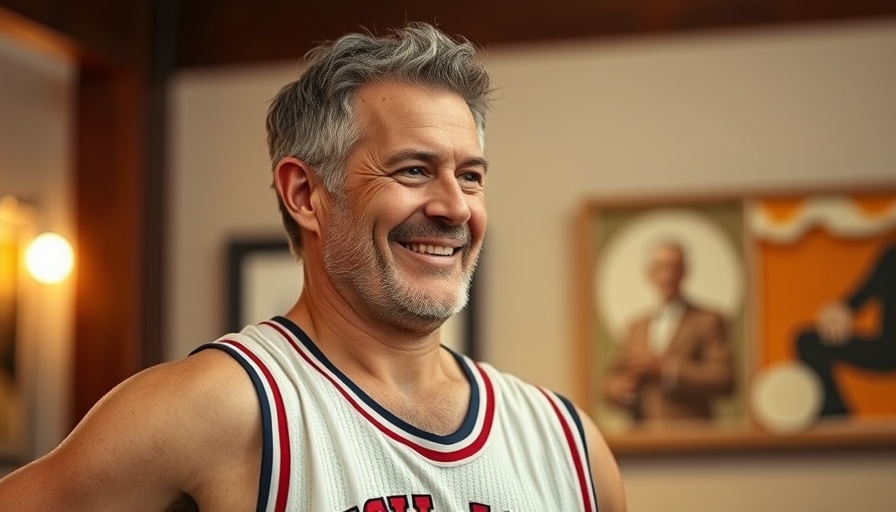 Middle-aged man in basketball jersey discusses NCAA predictions.