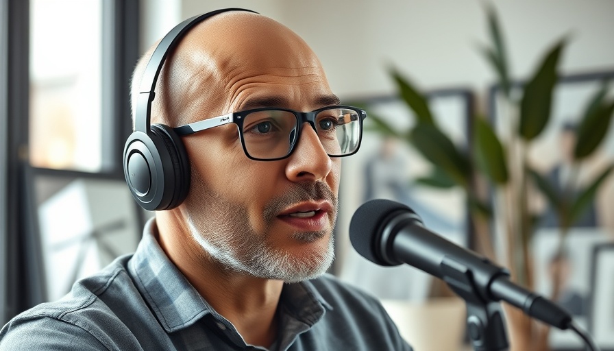 Bald man with headphones speaking into mic in modern home setting.