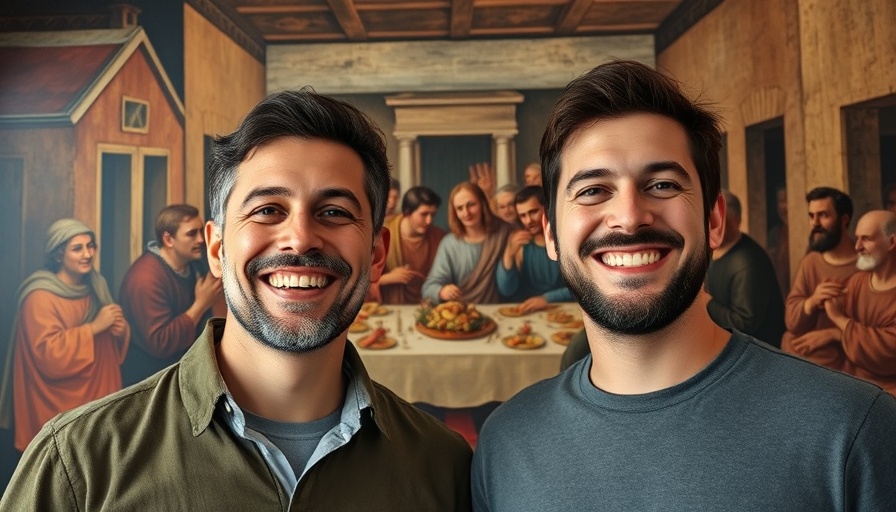 Two men discussing the theology of friendship in front of a biblical scene.