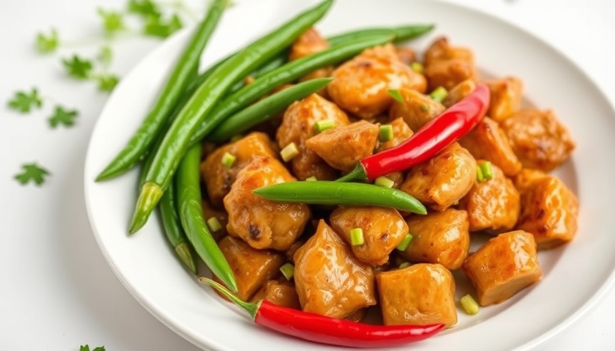 Keto Mongolian Chicken Skillet with green beans and chili.