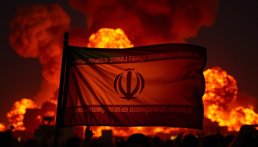 Iranian flag amidst fiery explosion backdrop, symbolizing military tension.