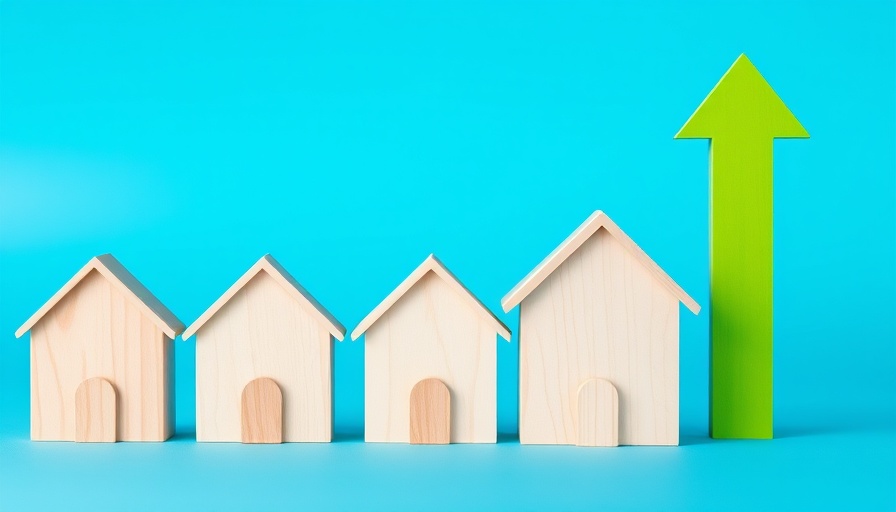 February property sales surge in UK depicted with wooden houses and green arrow.