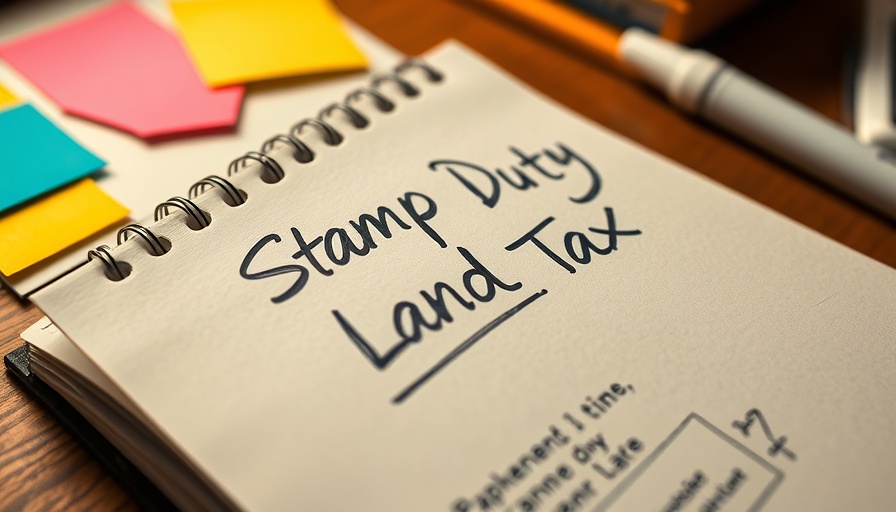 Notebook with 'Stamp Duty Land Tax' and notes, desk scene.