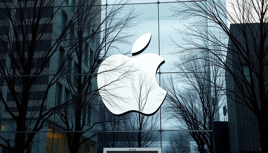 Apple logo on building with tree reflections, related to antitrust fine 2025.