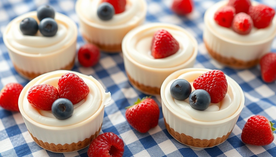 No-bake cheesecake cups topped with berries on checkered cloth.
