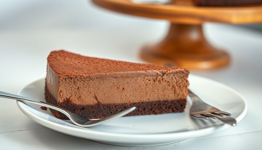 Slice of chocolate mousse torte on a white plate.