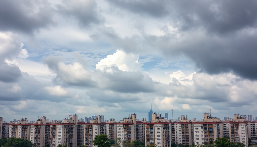 Urban cityscape reflecting housing economics, clouds suggesting change.