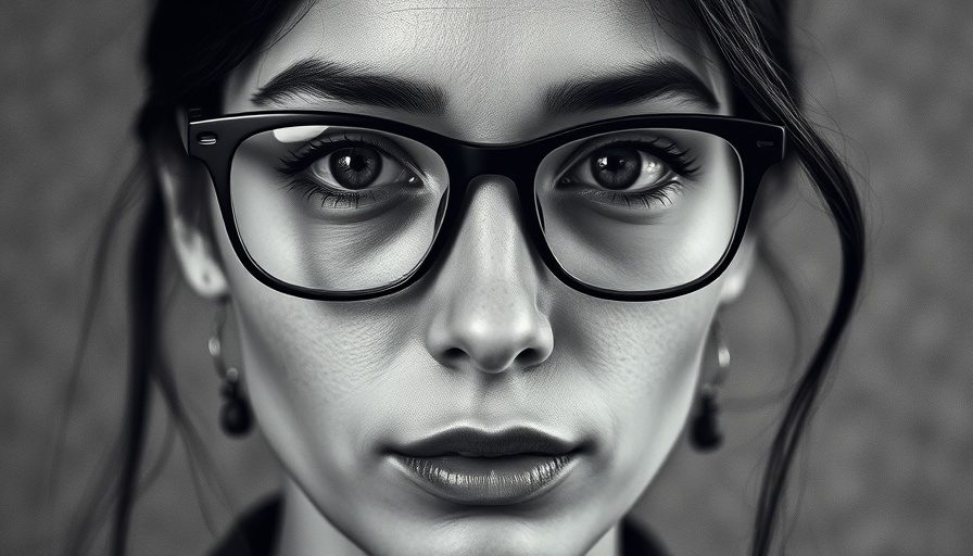 Close-up of woman with glasses, abstract design, pensive mood.