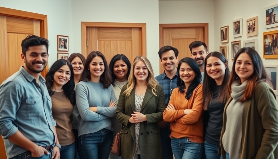 Diverse group smiling indoors, showcasing their connection.