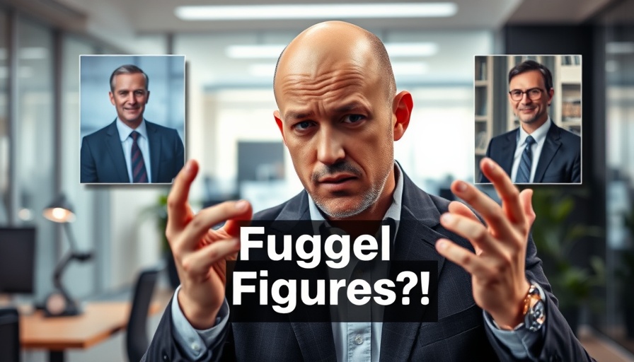 Skeptical bald man gestures at 'Fudged Figures?!' text in UK claims context.