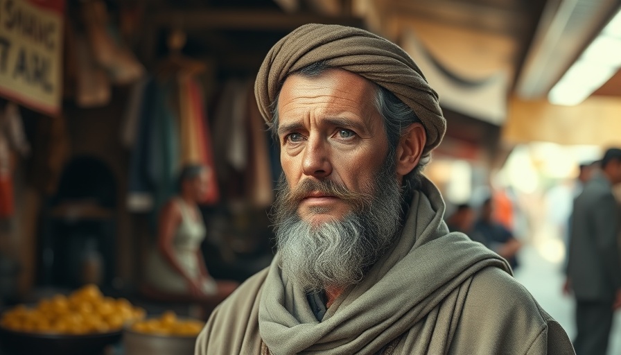 Cinematic portrayal of a man in biblical attire in a market.
