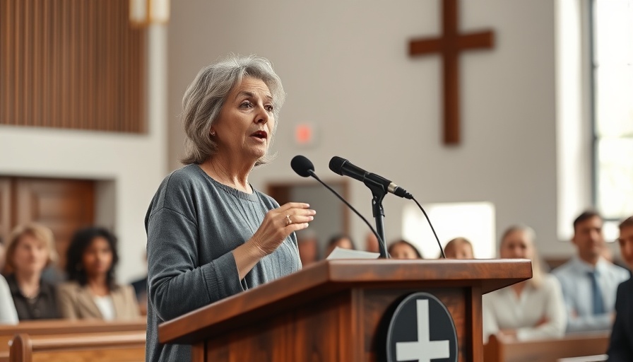 Middle-aged woman speaking at a church event in Spain.