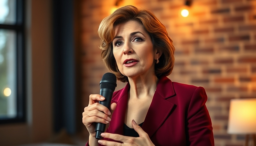 Mature woman in an interview setting with a microphone, feminist narrative.