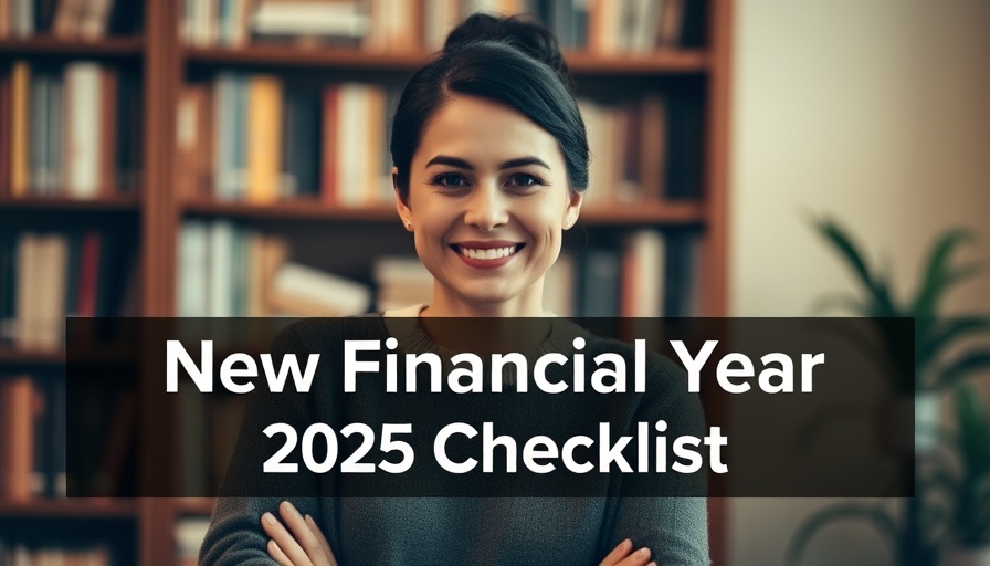 Woman smiling with '2025 Financial Checklist' overlay, end of financial year.