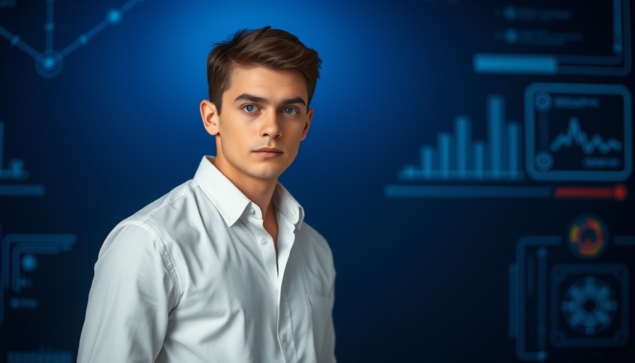 Confident man with Bitcoin text in tech-themed backdrop.