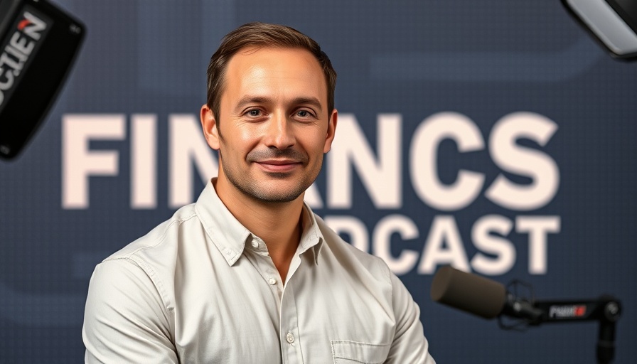 Confident man in podcast background, discussing wealth building through spending choices.