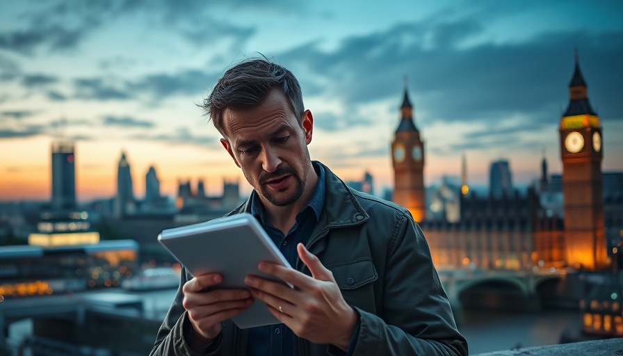Man analyzing Spring Statement 2023 economic impact with London backdrop.