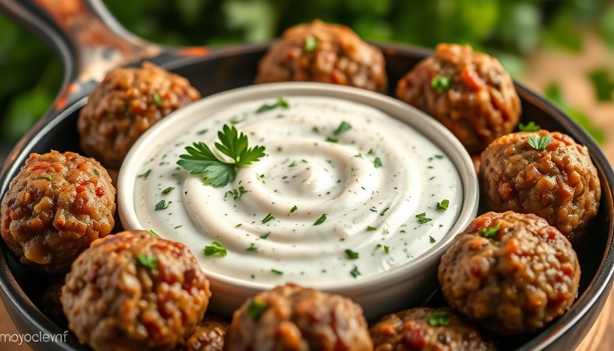 Savory ground beef meatballs with herb dip in a skillet.