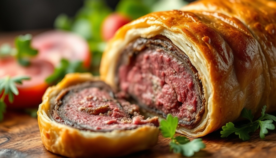 Delicious Beef Wellington recipe for weight loss, sliced with salad.