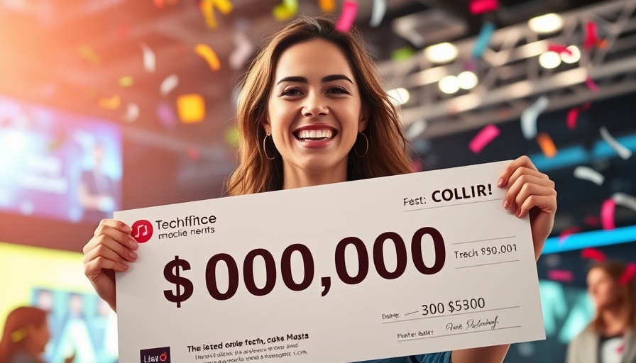 Celebration at tech event with woman holding large check for breast cancer detection AI victory.