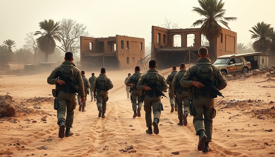 IDF soldiers in Rafah amidst damaged buildings and dusty terrain.