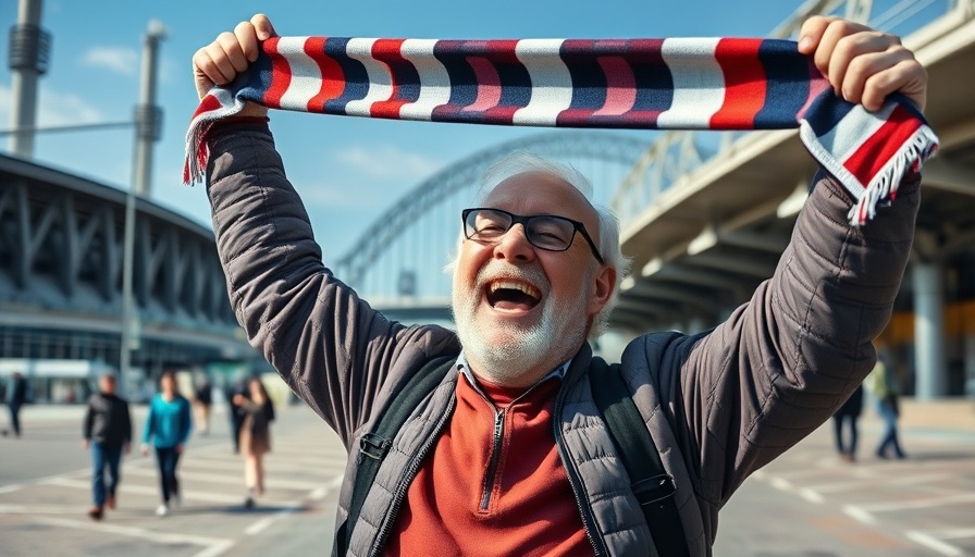Joyful man celebrating retirement of a sports scarf at stadium.