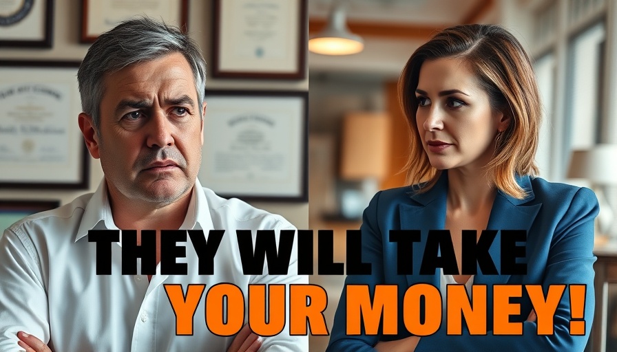 Man and woman discussing financial concerns, with text overlay warning of money seizure by authorities.