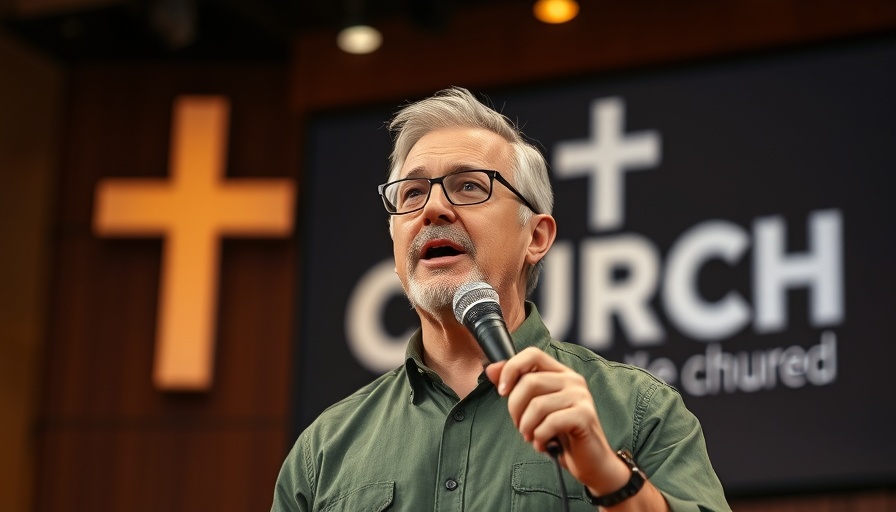 Church lecturer on 'suffering in Christ' discussing passionately on stage.