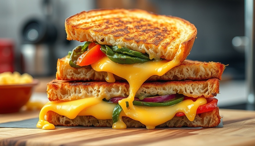 Close-up of spicy sandwich with cheese and veggies.