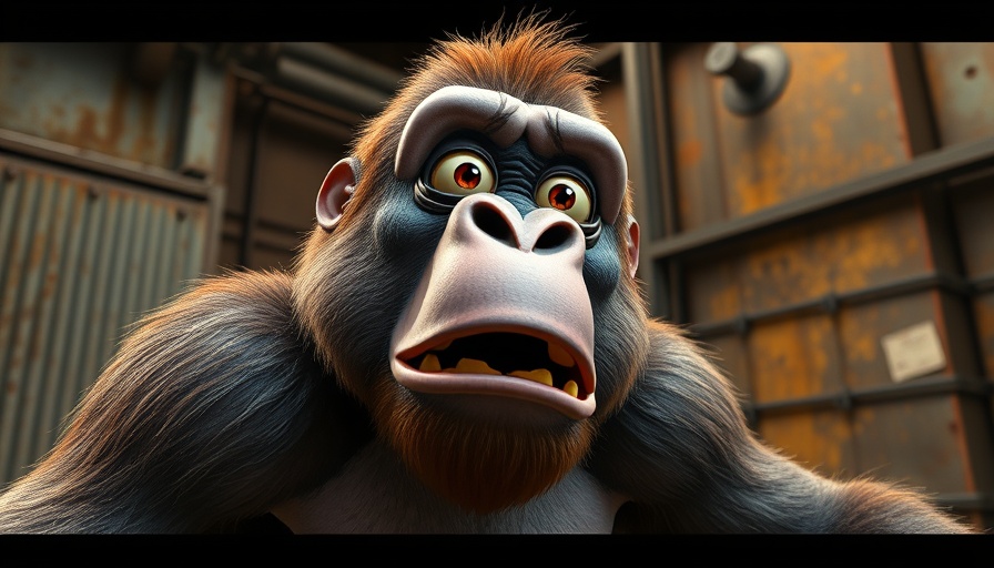 Animated gorilla expressing surprise in an industrial setting.