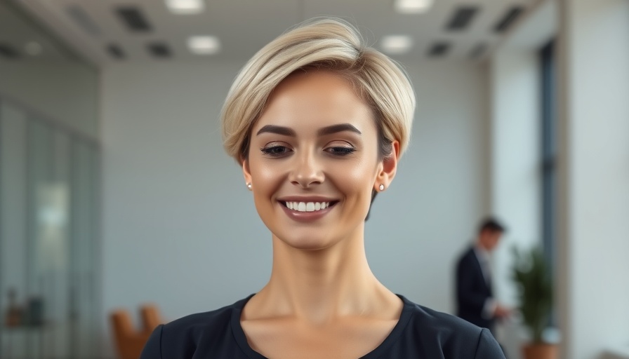 Confident woman in office setting, highlighting business partnerships