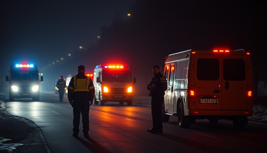 Dimly lit scene of emergency vehicles on a dark road, somber mood.