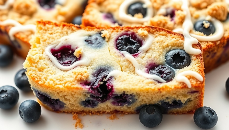 Slices of blueberry cream cheese coffee cake with icing drizzle.