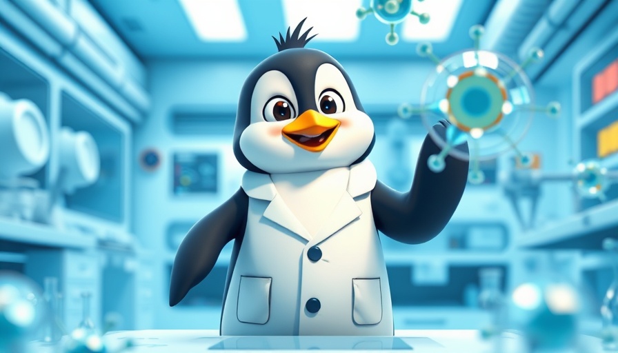 Cartoon penguin in lab coat with microscope and beaker, Linux in Scientific Research.
