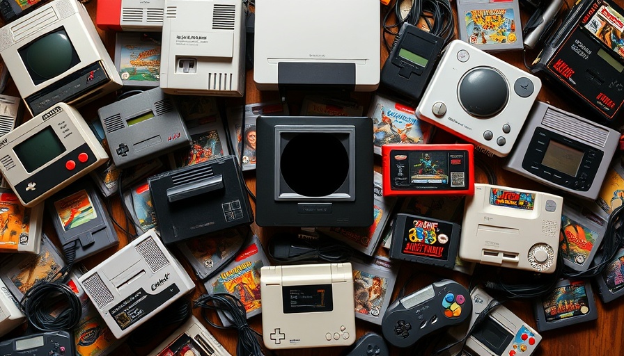 Assorted retro gaming consoles and cartridges display.