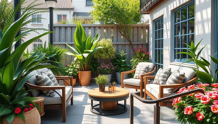 Charming outdoor patio with seating and greenery, garden features to sell your home quickly.