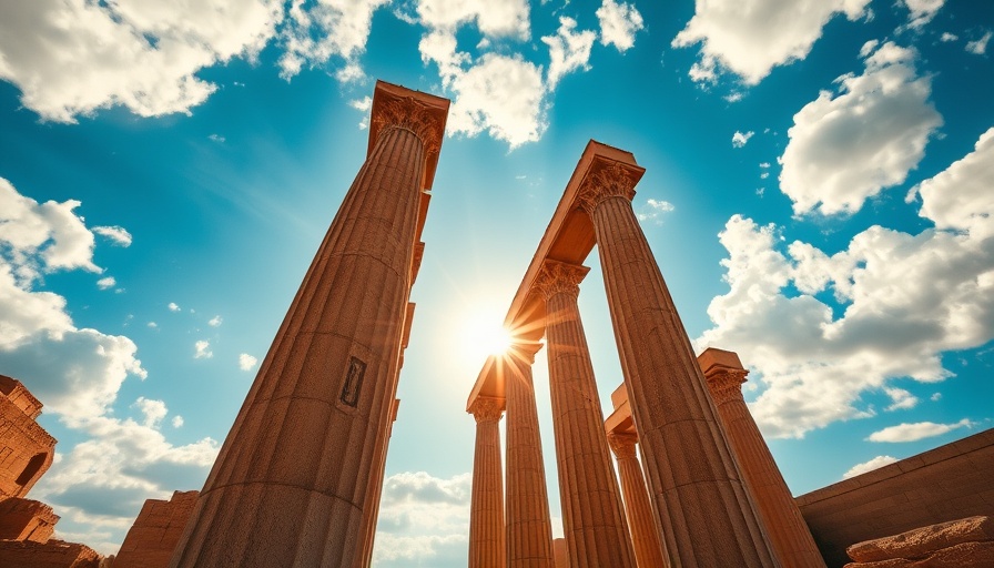Ancient stone columns with sunlight, majestic scene