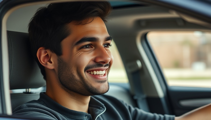 Young man in car smiling, handling arguments.