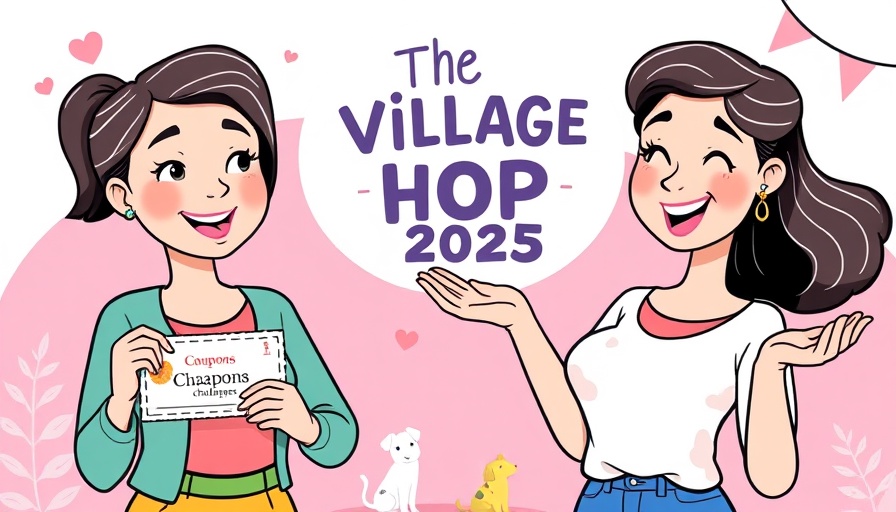 Cartoon women promote Village Hop Savings Challenge events, pink theme.