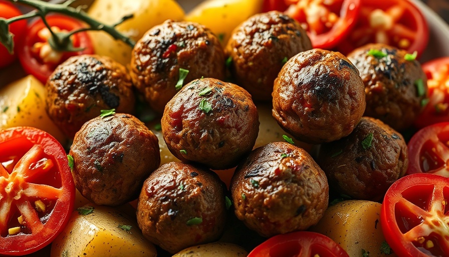 Aromatic Turkish Meatballs with Potatoes in rustic oven dish.