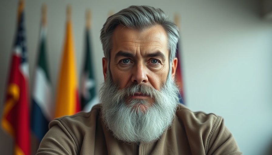 Serious mature man with flags backdrop, discussing Hamas Iran Correspondence.