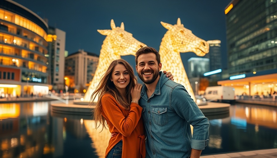 Two people smiling at night by The Kelpies, urban setting.