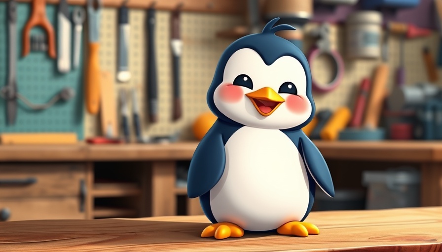 Playful cartoon penguin on a wooden tabletop, Linux installation troubleshooting tips.
