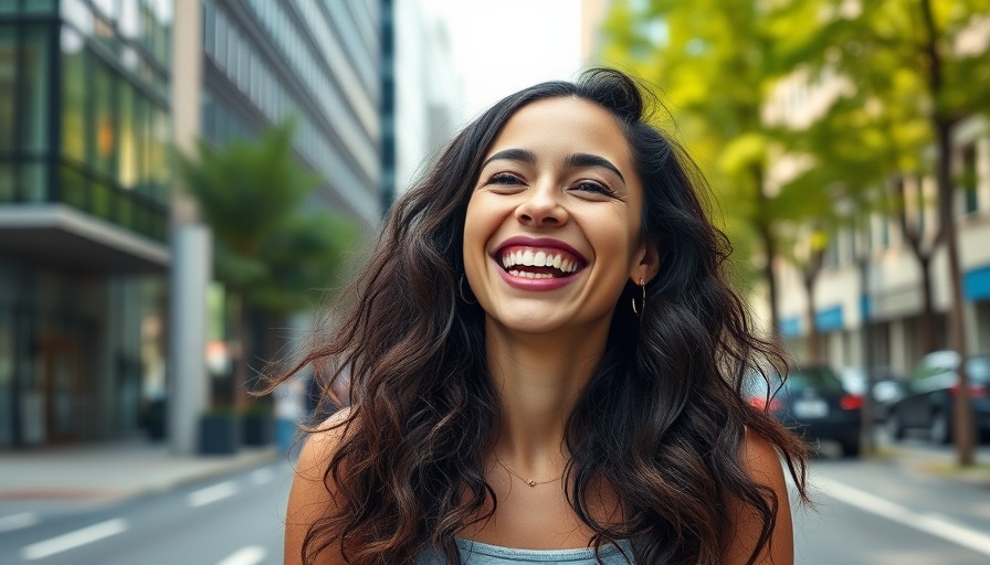 Radiant young woman, walking in vibrant city, showcasing Walking Burns Fat.