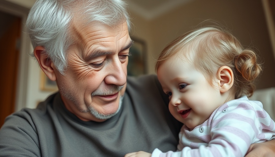 Elderly man lovingly looks at baby girl.