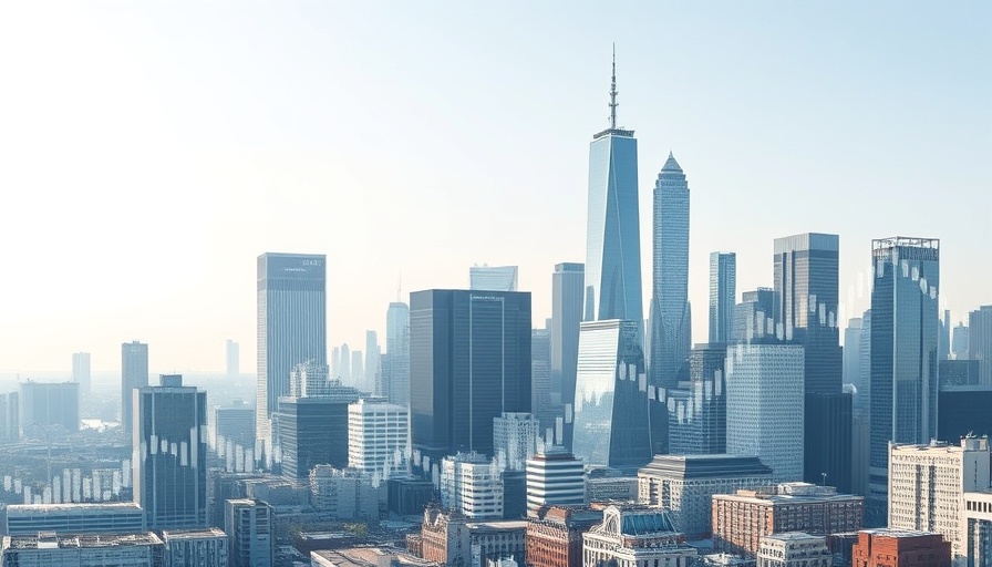 Cityscape with financial graphs illustrating Trump tariffs impact on property investment.